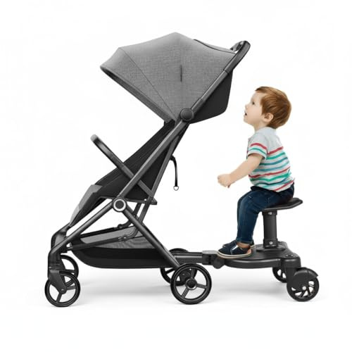360° tvåhjulsdesign, buggy bräda, högkvalitativ barnvagnsbräda med säte, längd- och höjdjustering, universell för 3–7 år, svart