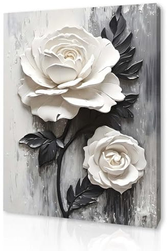 Qiukoo Framed Canvas Wall Art – White Rose 3D Floral Artwork, Waterproof Modern Print with Hook, Elegant Wall Decoration for Living Room, Bedroom Pictures for Wall or Prints for Walls – 12x16 Inch