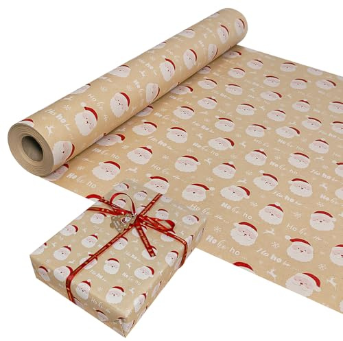 Christmas Wrapping Paper Roll,44cm×15M Recyclable Kraft Christmas Wrapping Paper with Festive Santa Claus Pattern for Xmas Gift Wrap Present Party Decoration