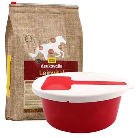 Deukavallo Leinvital - Juego de comida para caballos de linaza, sin cereales, 6 kg + 5 l, cuenco con tapa y cuchara para mascar, alimento digestivo para caballos sensibles y cambio de pelaje (rojo)
