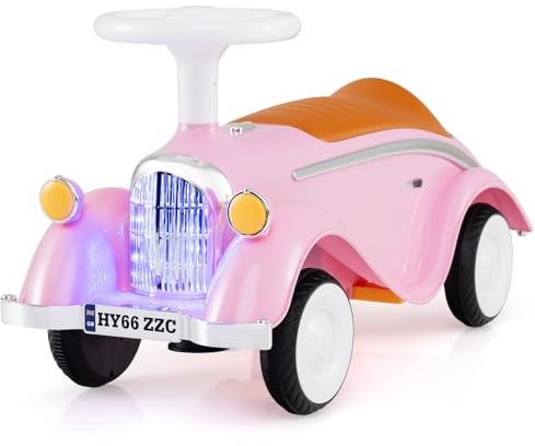 FANTASK Coche antideslizante para niños, coche deslizante con volante, claxon y faros LED, retro clásico, vehículo antideslizante con espacio de almacenamiento debajo del asiento, carrito para niños a
