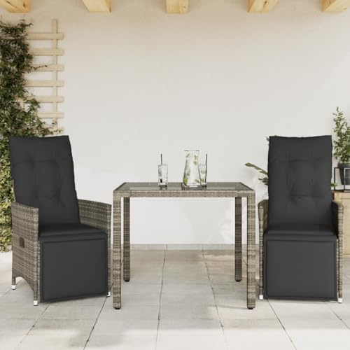 RMIHSJG Ensemble bistro de jardin 3 pièces avec coussins gris en polyrotin, dossier et repose-pieds réglables, housses amovibles et lavables, plateau en verre trempé, rotin PE résistant aux