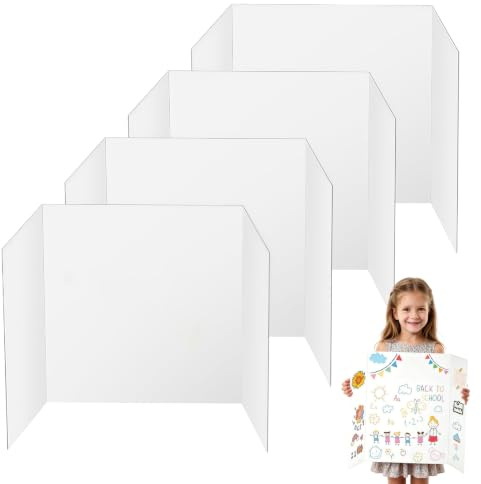 4Pcs Tri-Fold Display Board, 26x17 Inch Foldable Presentation Poster Board, Double Side Poster Board, Lightweight Corrugated Cardboard for Crafts, Presentations, Table Top Projects (White)
