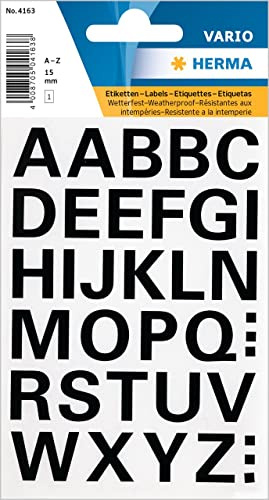 HERMA 4163 bokstäver klistermärken A - Z, väderbeständig (teckenstoralek 15 mm, 1 ark, folie) självhäftande, permanenta alfabetsklistermärken, 36 etiketter, transparent/svart