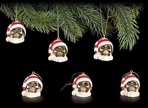 Figuren-Shop.de Christbaum-Schmuck Totenkopf-Weihnachtsdeko - 6er Set aus Kunststein / handbemalt - für ein außergewöhnliches Weihnachten