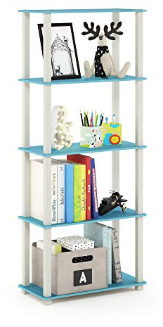 Furinno TURN-S-TUBE Book Shelf, 5-Tier Toolless Storage Shelves with Square Tubes, Shelving Unit for Organization and Storage for Living Room, Home Office, Light Blue