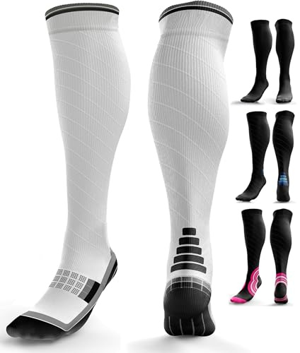 Compression Socks for Women & Men (20-30 mmHg) Knee-High Flight Socks, Graduated Ankle and Calf Support for Travel, Running - Seamless Toe, Padded Heel and Sole (White Grey, L/XL)