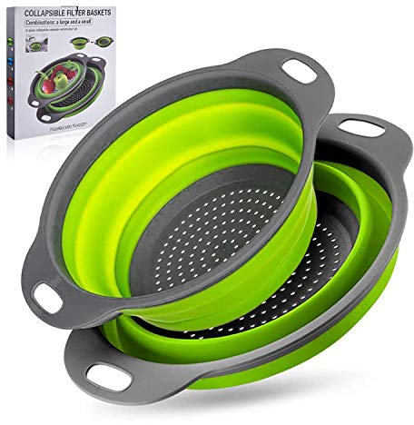 sinzau Faltbar Seiher, 2er Silikon Klappbar Sieb mit Griff, Zum Waschen von Obst und Gemüse, 2 Größe, mit Farbbox