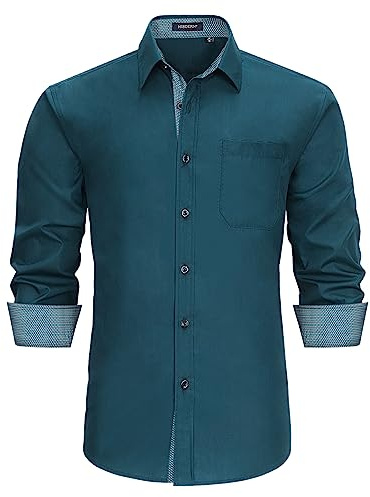 HISDERN Camicia Maniche Lunghe Uomo Slim Fit Casual Camicie Regolare Shirt Formale Camicia Blu Alzavola L