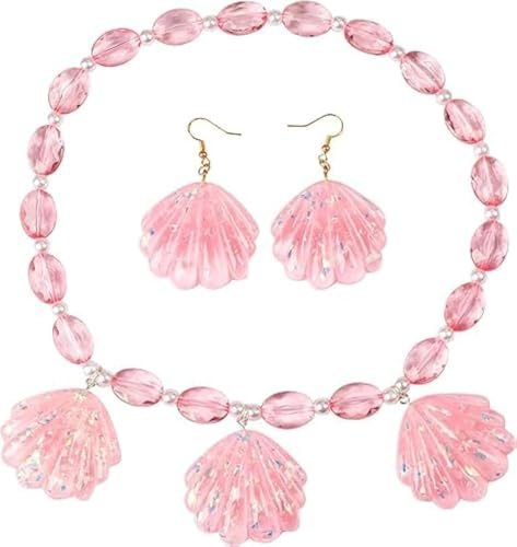TRIXES Pink Shell Jewellery Set 2PC – Glitter Shell Necklace and Earring Set – Women’s Fancy Dress Accessory