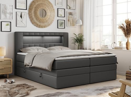 MKS MEBLE Boxspringbett 200x200 mit Led Kunstleder Grau, Polsterbett mit LED Kopfteil, Multipocket Matratze H3, Doppelbett mit Bettkasten Stauraumbett - GOLD-5-KING - Kunstleder Dunkelgrau