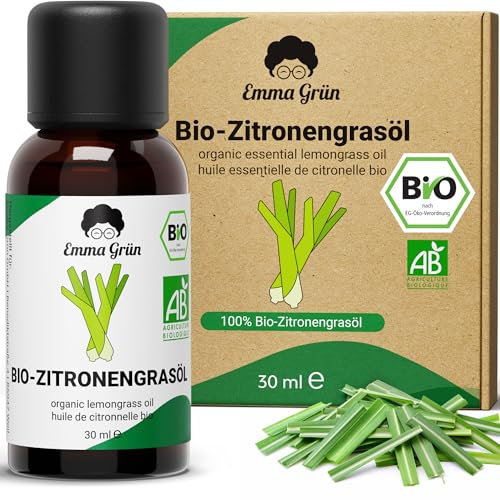 Emma Grün® Bio Lemongras Öl [100% Naturrein] - Zertifiziertes Lebensmittel - Echtes Zitronengrasöl 30ml - Lemongrass Öl Erfrischend & Belebend - Ätherische Öle für Aromatherapie