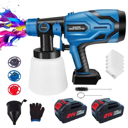 WEIWAN Pistola Pintura Bateria, 2x4.0Ah Batería, Pulverización de Pintura con batería, Motor sin escobillas 21V Pistola de Pulverización Pintura Eléctrica sin Cable, Compatible batería Mak*kiita 18v