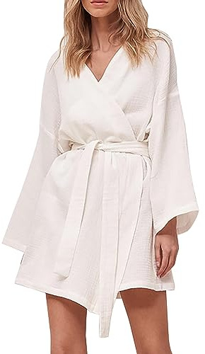 IQYU Albornoz corto de algodón para mujer, albornoz ligero de verano, albornoz de sauna de manga larga, tallas grandes, batas de baño, sauna, kimono suave con cinturón, bata fina y sólida, ropa de