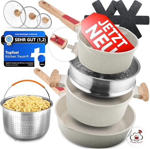Küchen Traum - Das Premium TopfSet / 10-teilig/Simple Safe Lock/abnehmbarer Griff/Premium Surface Antihaft-Beschichtung/alle Herdarten/Schadstoff-frei (PFOA,PFOS,Chrom,etc) (Sprinkle Beige)