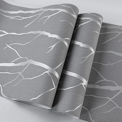 Beswitory Grey Wallpaper 3D Embossed Silver Branch Glitter Wallpaper Modern Minimalist Non-Woven Curve Patterns for Adults Kids Bedroom Living Room Lounge TV Backdrop Hallway and Stairs
