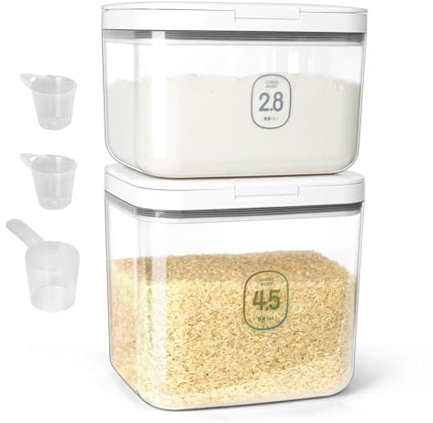 ZgoEC Rice Storage Container Airtight 4.5 L+2.8 L, Flour Container for Storage with Measuring Cup, Grain Container, Dry Food Storage Container, Plastic Cereal Dispenser for Kitchen Baking Flour