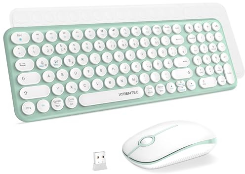 XTREMTEC kabellose Tastatur und Maus,Retro runde Schreibmaschine Tastatur,Slim Funktastatur leise Set,USB 2.4GHz Verbindung,kompakte Tastatur für Laptop,iMac,Windows,PC(Grün-weis)-Deutsche Tastatur