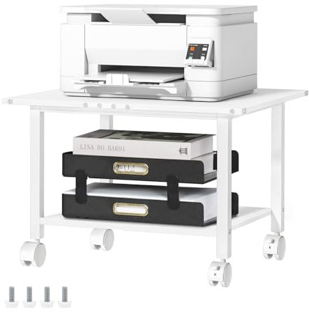 LELELINKY Mesa de impresión con ruedas, soporte móvil de 2 pisos, soporte para impresora con ruedas bloqueables, carro de impresión para oficina, fax y hogar, 52,5 x 40 x 36 cm, color blanco