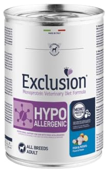 Exclusion Hypoallergenic all breeds per cani adulti di tutte le taglie, gusto PESCE e PATATE, ipoallergenico | 6 scatolette da 400 grammi l'una.