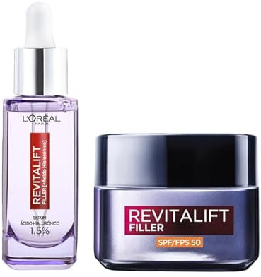 L'Oréal Paris Rutina Revitalift Filler, Serum Antiarrugas con Ácido Hialurónico y Péptidos. Hidrata, Ilumina, Rellena+Crema Día Protectora SPF50, Antiarrugas. Inpirado en Cosmética Coreana.
