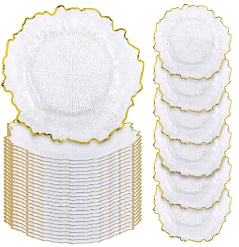 24 Pcs Clear Charger Plates Bulk, 13 Reef Plate Chargers for Dinner, Plastic Floral Decorative Plates for Table Setting, Wedding, Party, Event, Decoration