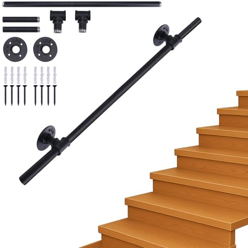 Handrails for Stairs, 1M Black Metal Banister Hand Rails for Stairs | Indoor Outdoor Non-Slip Industrial Style Grab stair Hand rails for Elderly with Wall Mounted Fittings – Smooth Welded Ends