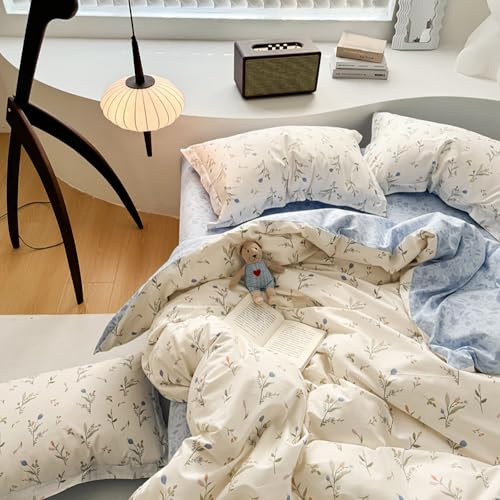 Covebett Duvet Cover Single Blue White Flowers Floral Botanical Meadow Reversible Bedding Set Blue Flower Print Microfiber Comforter Cover 135x200 cm with Zipper Closure and 1 Pillowcase 50x75 cm