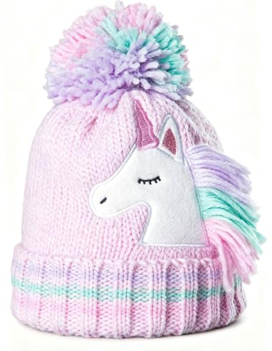Gealaek Kids Winter Hat with Pom Pom, Toddler Beanie with Warm Fleece Lined, Pink Cute Girls Snow Cap
