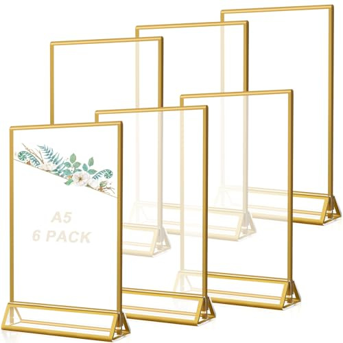 PENRUNKA 6Pcs Porta Menus Restaurante Acrílico Marco Dorado Doble Cara A5, Letreros Exhibición Boda Mesa Caballete Transparente, Soporte Carteles Fiestas para Pantalla Fotos Bodas, Publicidad
