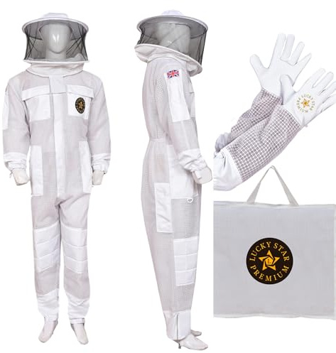 Beekeeping Suit 3 Layer Ventilated with Round Veil – Professional Sting Proof Bee Keeper Suit with Gloves (White, XL)