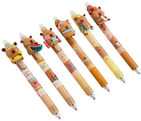 Capybara - Penna cancellabile, kit di cancelleria da 6 pezzi, penne a punta fine da 0,5 mm con funzione di cancellazione facile, strumenti di scrittura colorati con motivo divertente, collezione di