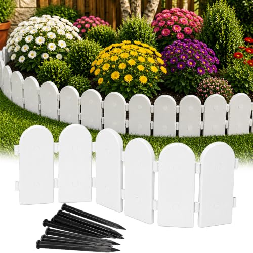 GARDENIX 2,4 m trädgårdspalissad, träutseende, rabattinfattning, vit, plast, flexibel gräskant för fastsättning, 12 markankare, rabattkant, trä, rabattbegränsning, trädgårdsstaket för blombädd, staket