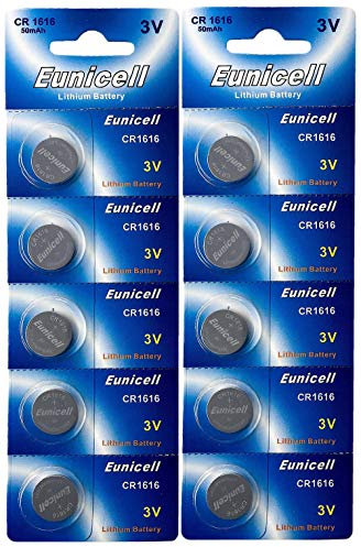 Eunicell CR1616 3V Lithium Knopfzellen – 50 mAh – 10 Stück (2 Blister à 5) – ersetzt DL1616, BR1616 – langlebige Batterien für Autoschlüssel, Uhren & Elektronikgeräte