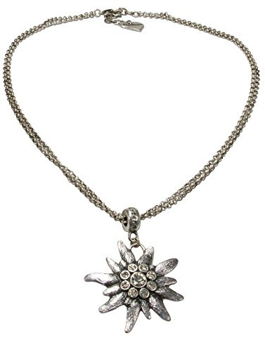 Alpenflüstern Traditional bavarian necklace with rhinestone Edelweiss, Ladies costume jewelry, traditional german pendant necklace for Dirndl, Leather trouser, Oktoberfest (antique silver colored)