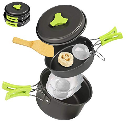 Ballery Pentole da campeggio, kit portatile per cucinare con zaino in spalla, set di pentole da 8 pezzi con borsa a rete per campeggio all'aperto, escursionismo, picnic