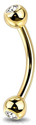Jewel Barrel Crystal Curved Barbell Eyebrow Bar Piercing Jewellery Earring Daith Rook Anodized Steel 16G (1.2m) 6mm 8mm Length Silver Rose Gold Black with Double Jewelled CZ Balls (Gold, 6)