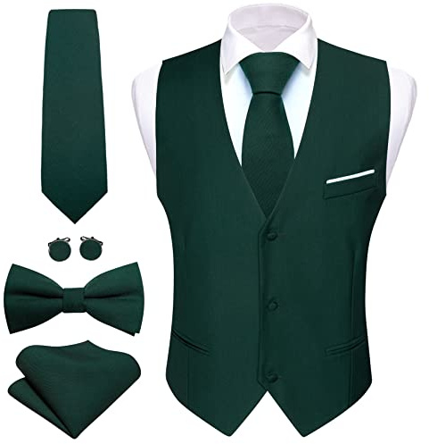 Barry.Wang Gilet de Costume Formel pour Homme Business Coupe Ajustée Décontracté Couleur Unie Gilet Cravate Nœud Papillon Ensemble Mariage Fête, vert émeraude, S