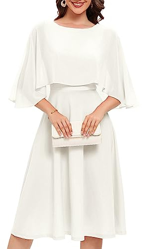 White Bridesmaid Prom Dress Cocktail Party Wedding Guest Formal Dresses Women Cape Dress with Chiffon Overlay White L