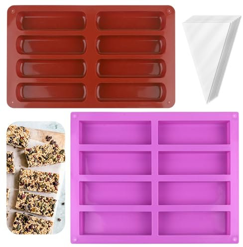 8 Cavity Medium Rectangle Granola Bar Silicone Moulds, 2Pcs Rectangle Silicone Oven Handmade Moulds, Cereal Bar Moulds with 50 Pcs Pastry Bags for Chocolate Truffles Bread Brownie Cornbread