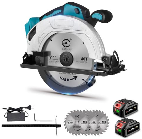 ONEVAN Sierra circular con 2 baterías 4000mAh, 1000W 4500RPM sierra circular de mano inalámbrica, sierras eléctricas con 3 piezas de hoja de sierra circular de 185mm, sierra circular 0-45°