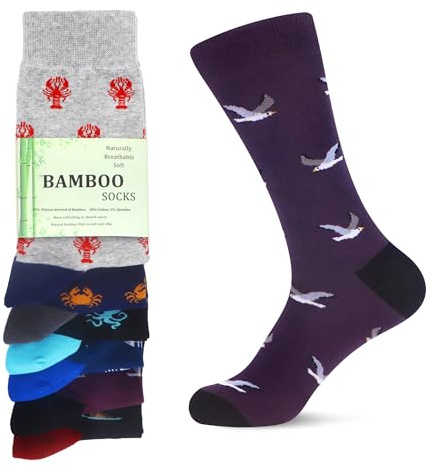 WeciBor Men's Bamboo Socks Breathable Soft Casual Socks, 6 Pack Multicolor Ocean Sea Animal, Size 8-12