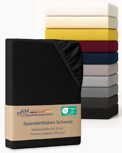 AM Qualitätsmatratzen Premium Spannbettlaken 120x180cm Baumwolle (200gsm) in Schwarz - Made in Germany - Oeko TEX zertifiziertes Bettlaken 120x180 Baumwolle - Jersey Spannbetttuch - Fitted Sheets