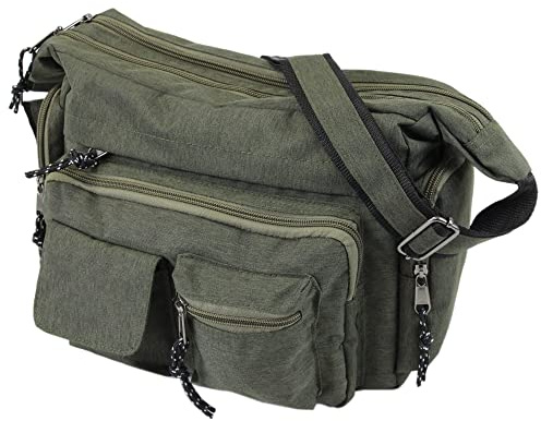 irisaa Umhängetasche Damen, Canvas Multifunkionale Schultertasche, Casual Handtasche mit vielen fächern für Schule Shopping Arbeit, Unisex, Damen Tasche:Uni Grün