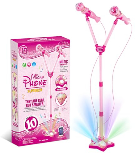 NAVESO Kids Microphone and Stand,Double Head Kids Karaoke Machine with Adjustable Stand, Karaoke Microphone with Music Function & Flashing Stage Lights for Girls Boys Party Pastime