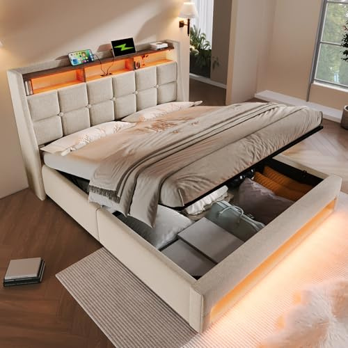 4ft6 Double Bed Frame with Hydraulic Lift&LED Storage Headboard, Linen Functional Upholstered Ottoman Bed with LED Lighting&USB Type-C Charging, Hydraulic Storage Bed with Slat, No Mattress, Beige