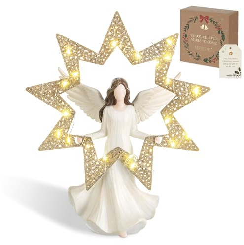 Storieme Angel Christmas Tree Topper: 12 Inch Hand-Painted Resin Figurine with Clip-On Metal Star and LED String Lights - Festive Holiday Home Decor for Xmas Tree Mantel Tabletop