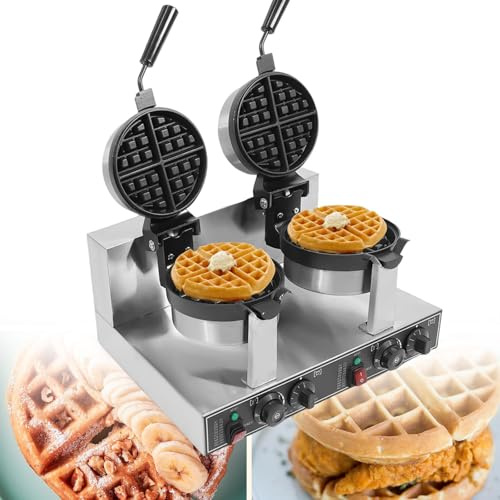 Sunseota Waffle Maker Double Heads Waffle Iron Machine 2400W 110V/220V Wafer Making Machine Stainless Steel Chaffle Maker with 180° Rotatable Handle Temperature and Time Control