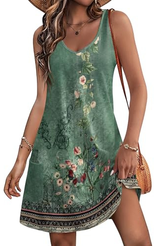 HOTOUCH Abito Estivo Donna Scollo a V Senza Maniche Vestito con Tasche Comodo Casual Abiti da Sole al Ginocchio Spiaggia Eleganti Mare