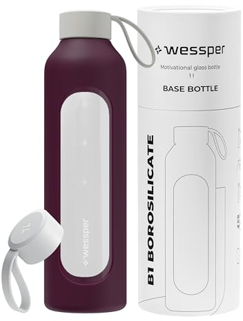 Wessper Bouteille a eau 1 Litre, Bouteille de Motivation avec échelle D'hydratation, Gourde pour eau en Verre Borosilicaté avec étui en Silicone, Matériau Sans BPA - Bordeaux